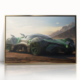 Mid-century modernist race cars in vibrant red and blue on a gold-framed acrylic print, suitable for modern art wall decor.