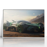 Art deco poster featuring race cars in vivid colors on white acrylic, ideal for modern nursery wall decor.