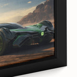 Close-up of a framed canvas featuring a textured image of colorful race cars on a black background.