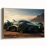 Vintage poster art of race cars in motion on a landscape, printed on framed canvas with a black and gold color scheme.