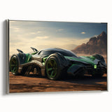 Framed canvas of vintage race cars in motion, featuring a black background with colorful accents, ideal for a home office.