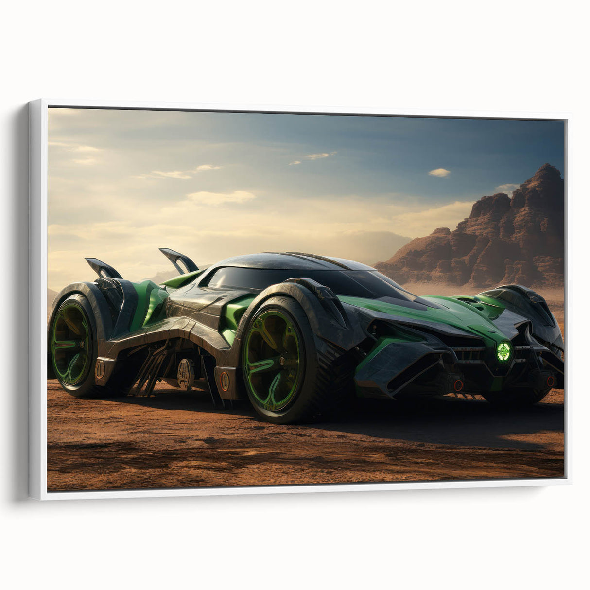 Vintage poster art of colorful race cars, framed canvas, ideal for living room decor.