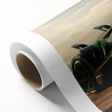 Art deco style race car poster in bold red and blue, printed on rolled canvas, ideal for nursery wall art.