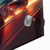 Acrylic print of multiple race cars in vibrant colors, ideal for dining room art with a mid-century modernist style.