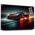 Acrylic print of race cars in motion, featuring vivid red and blue tones.