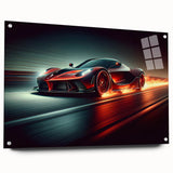 Acrylic print of race cars in motion, featuring vivid red and blue tones.