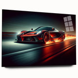 Acrylic print of race cars in motion, using vivid red and blue tones, suitable for bedroom or dining room decor.