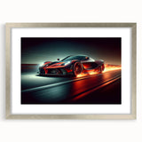 Textured art print of abstract race cars in muted silver and gray, framed with a silver mat, ideal for bedroom wall decor.