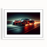 Abstract art print of race cars in motion, using vivid red and blue tones on a framed white mat, ideal for dining room decor.