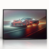 Large abstract wall art featuring a dynamic race car scene in vibrant colors on black framed acrylic.