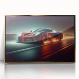 Mid-century modernist race cars in vibrant colors on acrylic print, suitable for modern art wall decor.