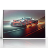 Art deco poster of race cars in motion, using bold black and red on white acrylic, framed.