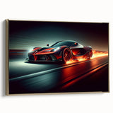 Vintage race cars in a landscape setting, depicted in black and gold tones on a framed canvas, suitable for bedroom wall art.