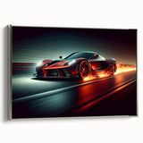 Vintage poster art of race cars in vibrant colors on a black background, framed canvas, ideal for living room decor.