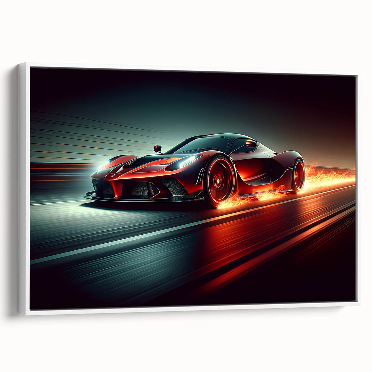 Framed canvas featuring a vintage poster art of colorful race cars in motion on a black background.