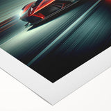 Art deco poster featuring a lineup of race cars in bright, primary colors on a rolled canvas, suitable for dining room decor.