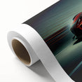 Art deco poster of race cars in vibrant colors on rolled canvas, ideal for nursery wall art.
