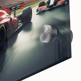 Mid-century modernist race car print in vibrant primary colors on acrylic glass, ideal for dining room art.