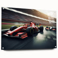 Acrylic print of race cars in motion, featuring vibrant red and blue tones, ideal for modern bedroom decor.