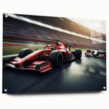 Acrylic print of race cars in motion, featuring vibrant red and blue tones, ideal for modern bedroom decor.