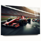 Acrylic print of race cars in motion, featuring dynamic shades of red and blue, ideal for bedroom or dining room art.