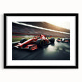 Extra large abstract art print featuring a colorful, textured depiction of race cars, presented in a black frame with mat.