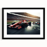 Extra large abstract art print featuring a colorful, textured depiction of race cars, presented in a black frame with mat.