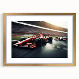 Abstract art print of race cars in motion, using textured red and orange hues on a large framed canvas.