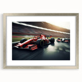 Textured art depicting abstract race cars in bold red and black, framed in silver, ideal for bedroom art.
