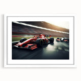 Abstract art print of race cars in motion, using a palette of red, white, and black, framed with a white mat.