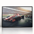 Large abstract wall art featuring a dynamic race car scene in bold red and black, framed acrylic.