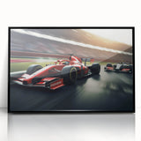Large abstract wall art featuring a dynamic race car scene in bold red and black, framed acrylic.