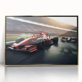 Mid-century modernist race cars in vibrant colors on a gold-framed acrylic print, suitable for modern art wall decor.