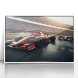 Art deco poster of race cars in bold red and blue tones on white acrylic, ideal for nursery wall decor.