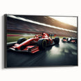 Black and white framed canvas featuring a vintage race car in motion, ideal for bedroom wall art.