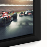 Extra large framed canvas featuring a close-up of colorful race cars in a black background.