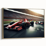 Vintage poster art of race cars in black and gold, framed canvas, suitable for bedroom wall decor.