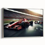 Vintage poster art of colorful race cars in motion on a black background, framed canvas, ideal for game room decor.