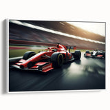 Vintage poster art of colorful race cars, framed canvas in black, ideal for living room decor.