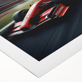Art deco poster featuring a colorful race car scene on rolled canvas, suitable for dining room decor.