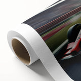 Art deco style race car poster in bold primary colors on rolled canvas, suitable for nursery wall art.