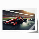 Rolled print of a dynamic car race scene in vivid colors, ideal for art wall dining room decor.