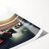 Extra large wall art featuring a dynamic car race scene in vibrant colors on a rolled print.