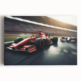 Black and white print of race cars in motion on stretched canvas, suitable for kitchen wall art.