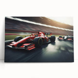 Black and white photo of race cars in motion on a stretched canvas, suitable as kitchen wall art or bedroom decor.