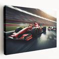 Side view of race cars in motion on a stretched canvas, featuring vibrant red and blue tones, ideal for kitchen wall art.
