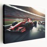 Side view of race cars in motion on a stretched canvas, featuring vibrant red and blue tones, ideal for kitchen wall art.