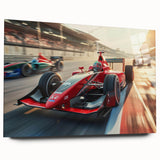 Acrylic print of race cars in motion, featuring vibrant red and blue tones, suitable for bedroom or dining room art.