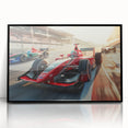 Large abstract wall art featuring race cars in motion.