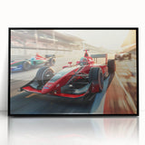 Large abstract wall art featuring race cars in motion.
